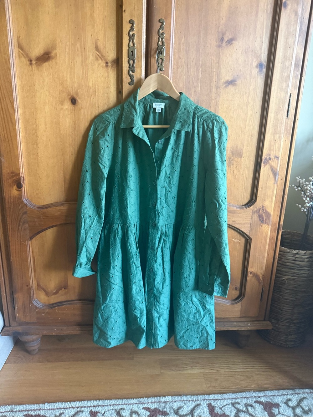 J. Crew Factory Green Eyelet Button-Front Long Sleeve Dress